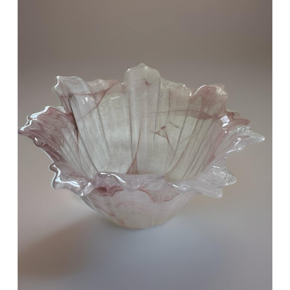 Vintage Pink Swirled Art Glass Bowl Ruffled Rim Hand Blown 3.5" Murano Style